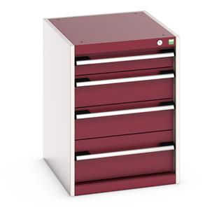 40018025.** Bott Cubio drawer cabinet with overall dimensions of 525mm wide x 650mm deep x 700mm high Cabinet consists of 1 x 100mm, 2 x 150mm and 1 x 200mm high drawers 100% extension drawer with internal dimensions of 400mm wide x 525mm deep. The drawers...